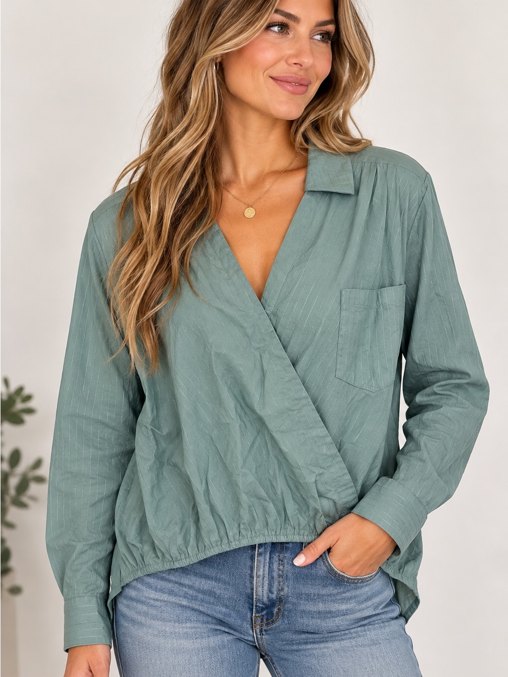 easel Sage Green Wrap-Front Button Down Top